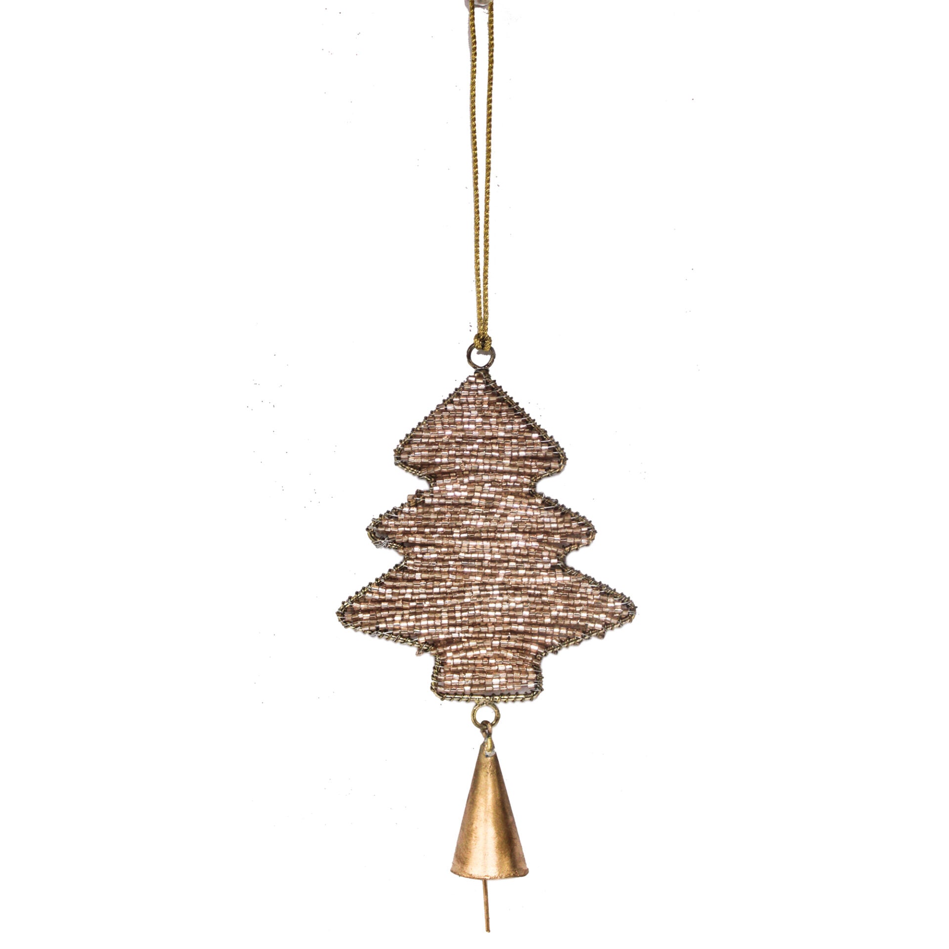 Set of 2 Golden Glass Beaded Christmas Tree Shaped Ornaments with Bell